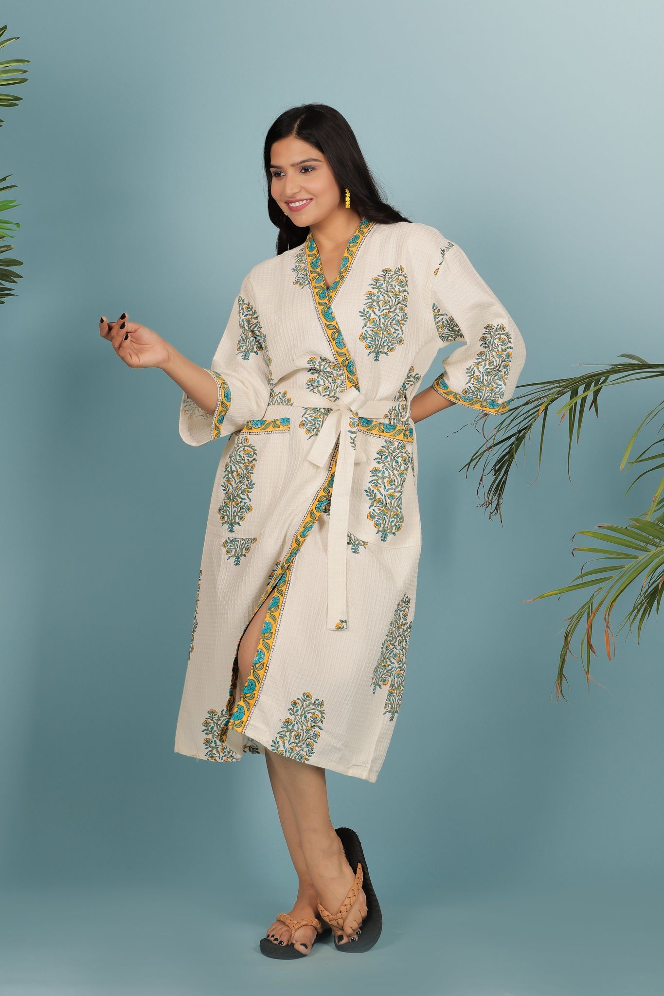 Luxury Waffle Cotton Bathrobe – Unisex | Handblock Printed | Free Size