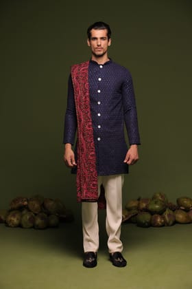 Aviral Navy Front Open Kurta trouser set with dupatta-XS/34
