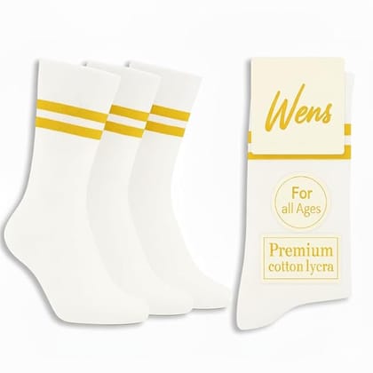 Wens White School Socks With Strips for Girls, Boys, Kids and Men of All Ages (Pack of 3) | Heavy Elastic, Streachable & Comfortable Fit | Calf Length Uniform Socks | Anti Odour  White with YELLOW stripes