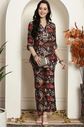 Navy Blue Abstract Printed Chanderi silk Tunic With Palazzos Co-ord Set-s