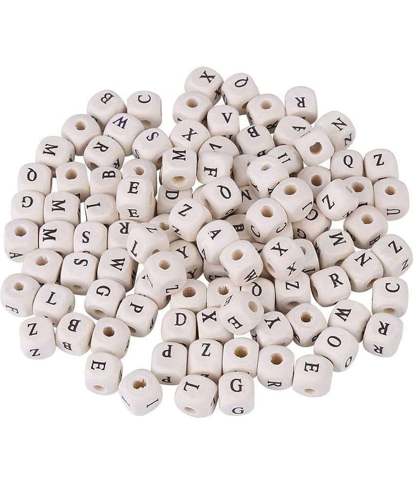 PRANSUNITA 10 mm Wooden Alphabet Letter Square Shape Loose Beads for DIY Bracelets, Necklaces, Educational Toys – Natural White Color – Pack of 100 pcs