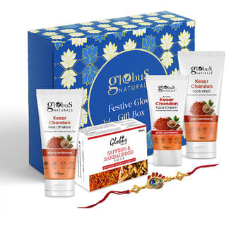 (Combo of 4) Globus Naturals Rakhi Glow Radiance Kesar Chandan Gift Box Face Wash 75 Gm, Face Cream 50Gm Peel Off Mask 100 Gm & Soap 100Gm