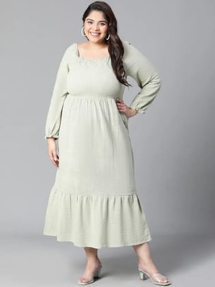 Charming Green Smocked Long Plus Size Curvy Cotton Dress For Summer-2XL