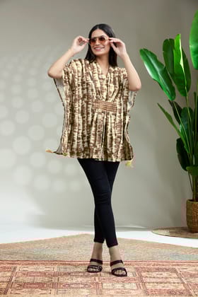 Trendy Tie Dye Kaftan with broach-BROWN / S
