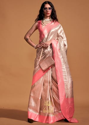 Silver Beige And Peach Woven Kanjivaram Silk Saree