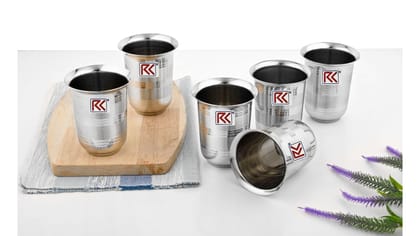 RK 18Guage Mayuri 8Kt Premium Stainless Steel Deep Royal Touch Finish Tableware Drinkware Tumbler Drinking Glasses for Home, Restaurants, Office Capacity 330Ml - Set of 6 Silver