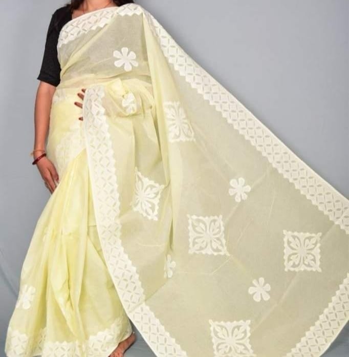 Bright Organdy Cotton Saree Applique Work Yellow