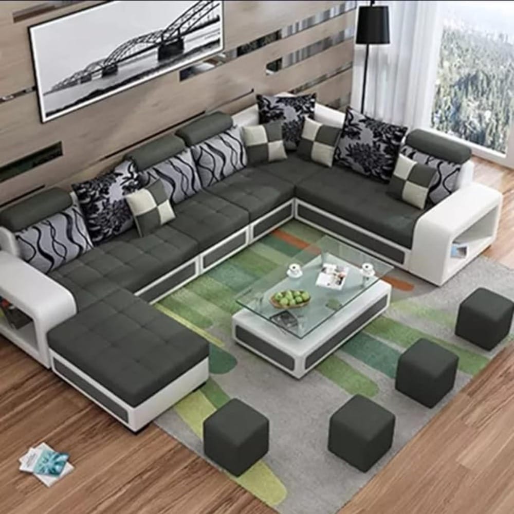 Starlet Furniture U Shape 9 Seater Fabric Sofa Set with Tea Table & 4 Puffy 9 (Dark Green)