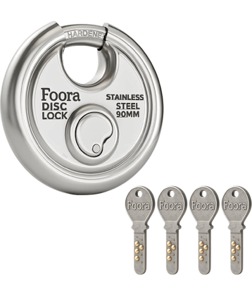 Foora Disc 90mm Heavy Duty Stainless Steel Lock with 4 Ultra Keys for Shutter, Gate & Warehouse Security