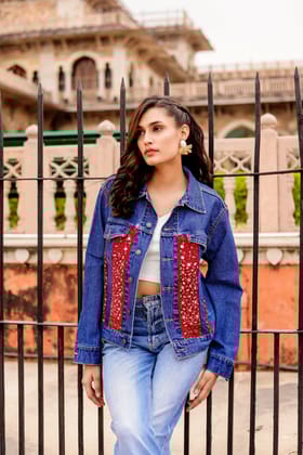 Threaded Grace Denim Jacket with Indian Artisan Touch-S