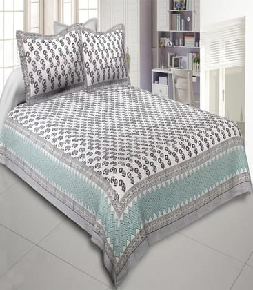 Multicolor Flighty Green Hand Block Printed Double Bedsheet