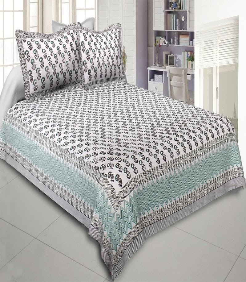 Multicolor Flighty Green Hand Block Printed Double Bedsheet