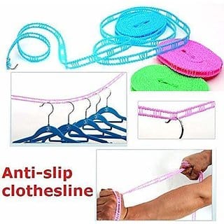 5 Meters Windproof Anti-Slip Clothes Washing Line Drying Nylon Rope with Hooks (Pack of 1)