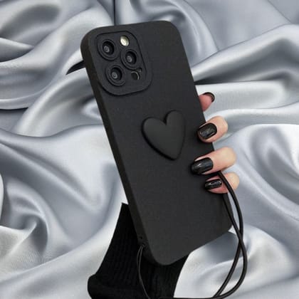 Midnight Black Cute Heart Lanyard Cover-Phone 15 Pro