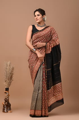 JAIPUR HANDBLOCK PRINT Exclusive collection of handblock printed pure chanderi silk sarees with blouse piece.