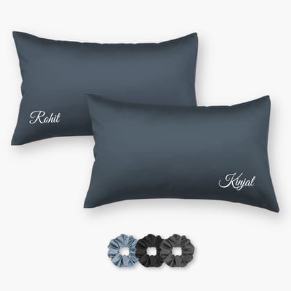 Personalized Satin Pillow Covers - Pack of 2 (With 3 free scrunchies)-Dark Blue / 16 x 24 inch - Small