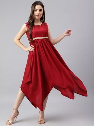 Maroon Ethnic Asymmetric Dress With Belt-S