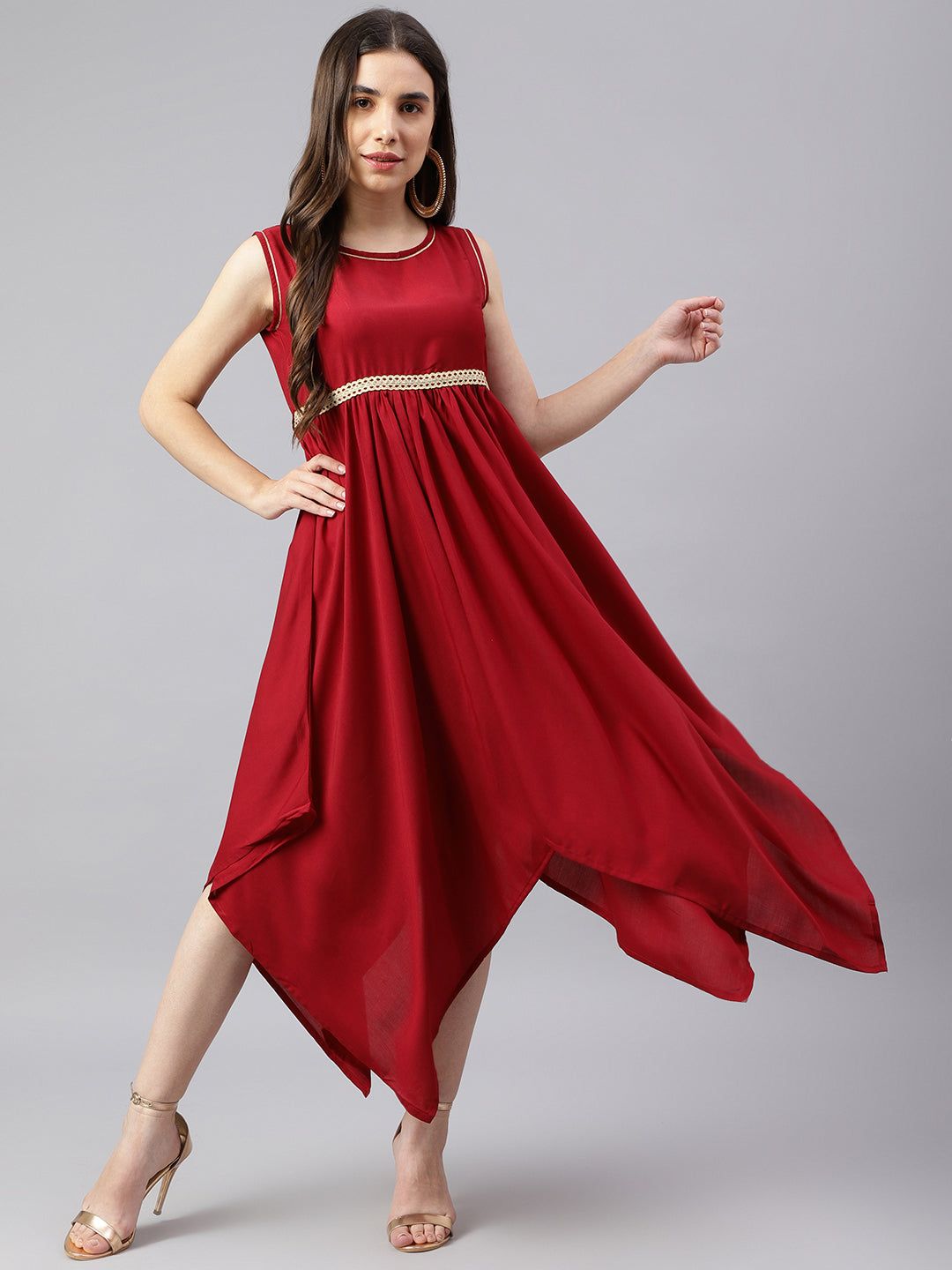 Maroon Ethnic Asymmetric Dress With Belt-S