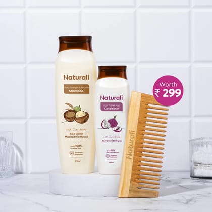 Naturali Daily Strength & Nourish Shampoo + Hairfall Arrest Conditioner + Organic Wooden Neem Comb-370ml+180ml+1piece
