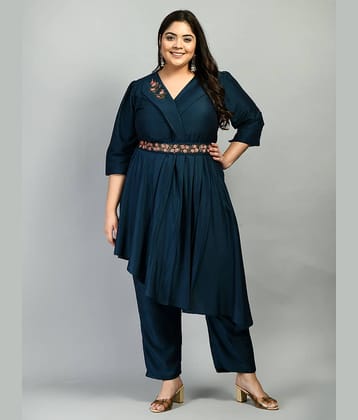 PrettyPlus by Desinoor Women Cotton Silk Embellished Asymmetrical Kurti With Pants ( Teal )