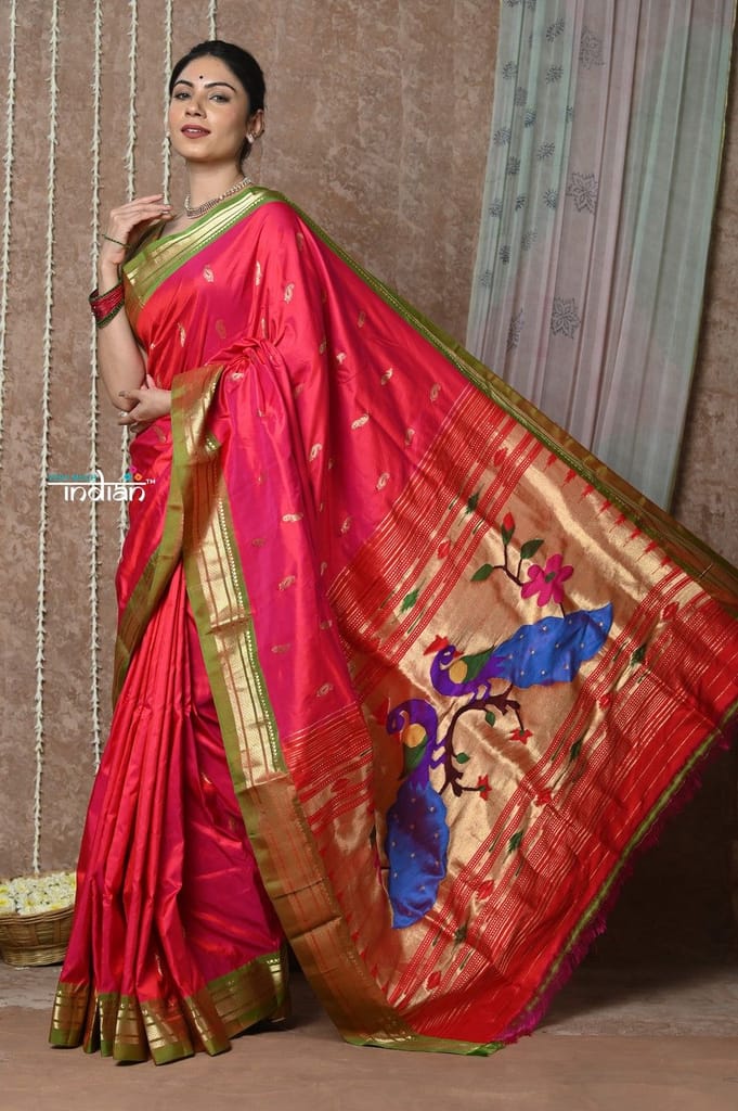 Tyohaar ~ Handloom Pure Silk Paithani Saree with Handcrafted Peacock Pallu ~ Peach Pink (By Government Certified Weavers) - Sarees | Buy online on ZillyBuy