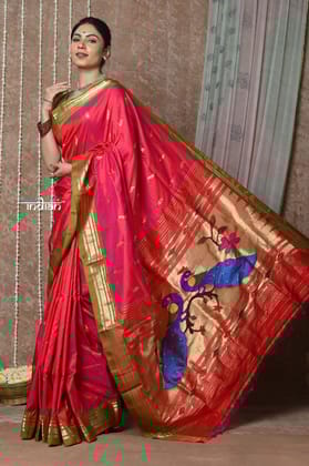 Tyohaar ~ Handloom Pure Silk Paithani Saree with Handcrafted Peacock Pallu ~ Peach Pink (By Government Certified Weavers)