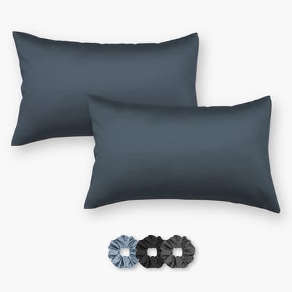 Dark Blue Satin Pillow Covers - Set of 2 (With 3 Free Scrunchies)-16 X 24 inch - Small