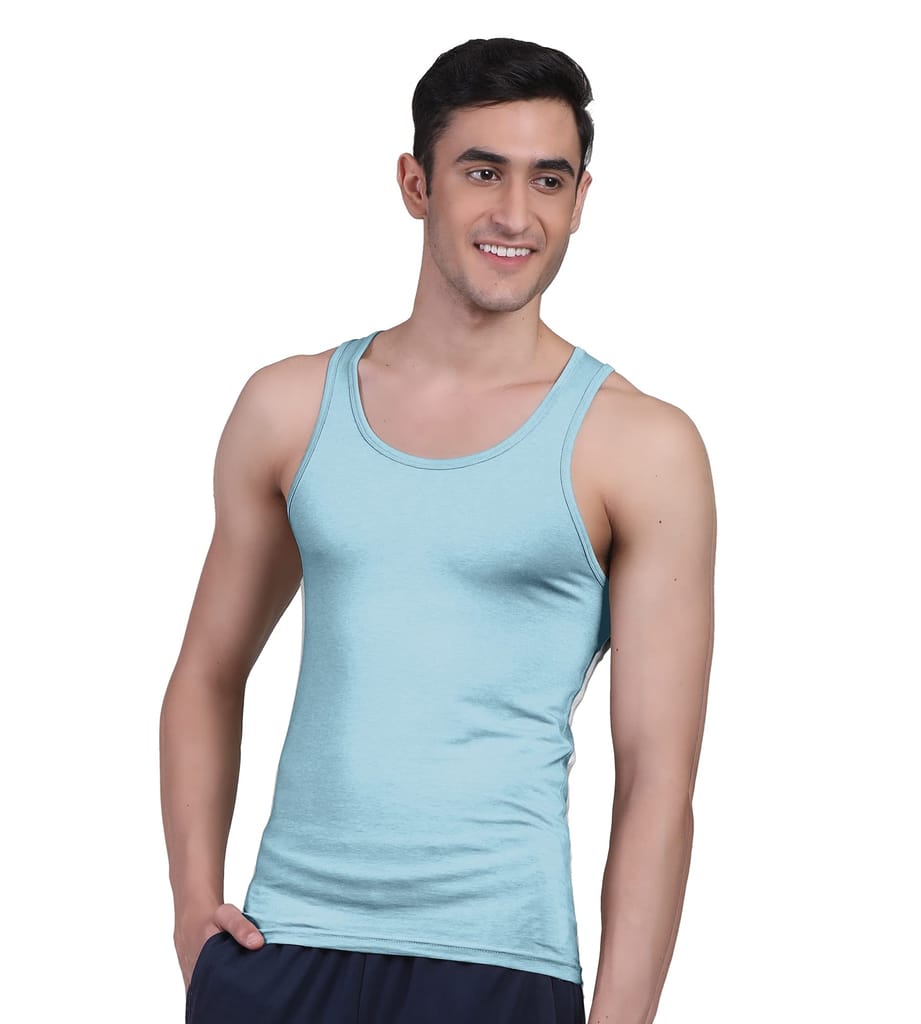 Freecultr Vest for Men | Bamboo Sleeveless, Super Soft Round Neck Gym Comfort Vest | Workout Regular Fit Innerwear | Breathable Sando with Long Hemline Pack of 1-Chalk Blue