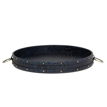 Eden Round Tray In Genuine Croco Leather Blue-Blue