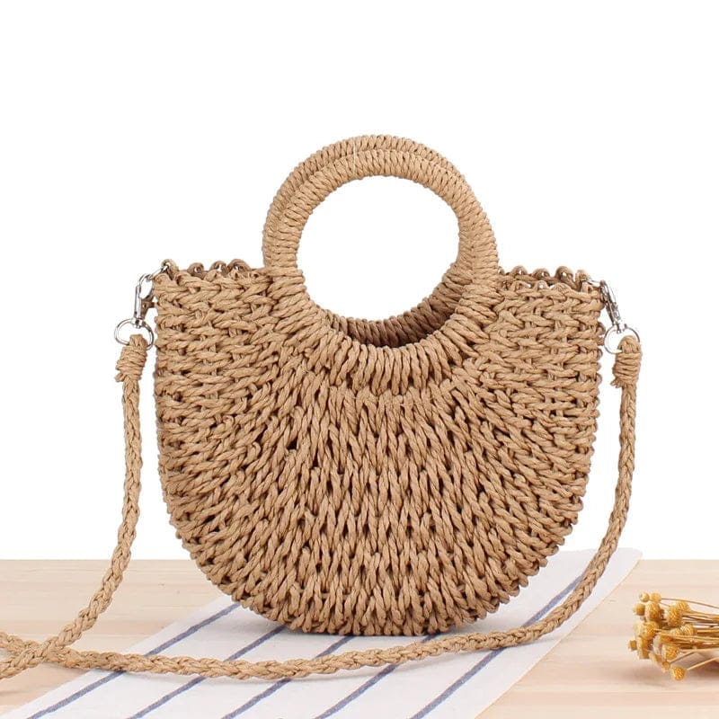 Straw Bag Women Hand-Woven Handbag Moon Shape Rattan Bag Big Capacity Drawstring Casual Beach Shoulder Crossbody Bag