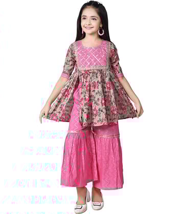 Arshia Fashions Girls Cotton Blend Kurti with Sharara ( Pack of 1 , Pink )