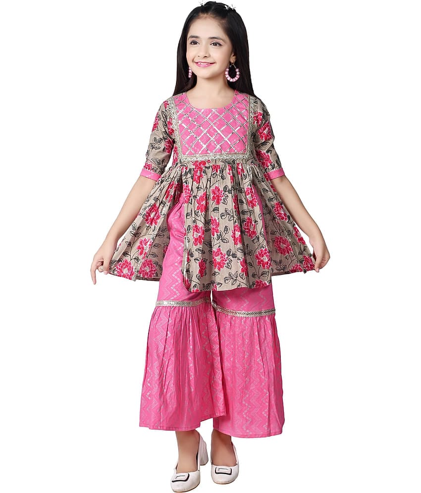 Arshia Fashions Girls Cotton Blend Kurti with Sharara ( Pack of 1 , Pink )