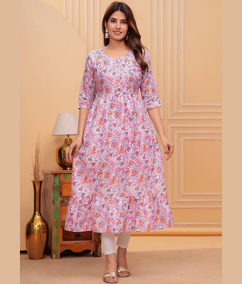 ASHISH PRINT Women Cotton Printed Fit & Flare Dress ( Pink )