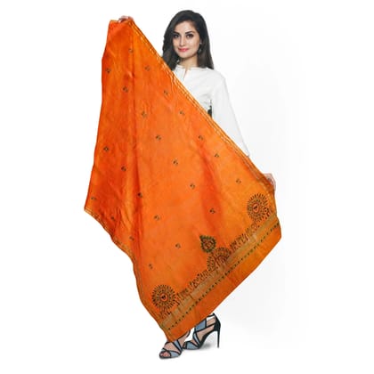 Orange Hand-painted Tribal Art Malmal Cotton Dupatta