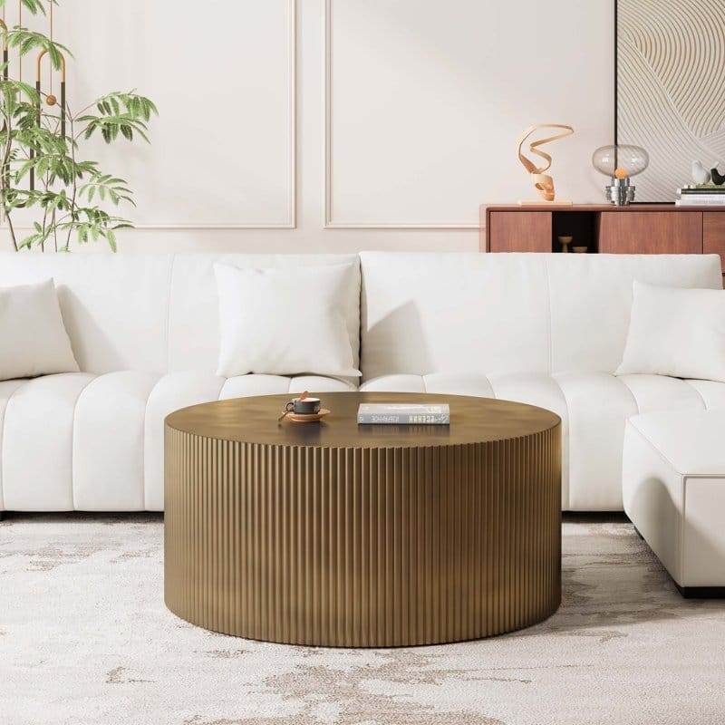 Wood Gold Round Drum Coffee Table