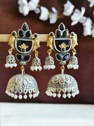 Elegant Two-Tone Traditional Jhumka Earrings | Sarichka-Black