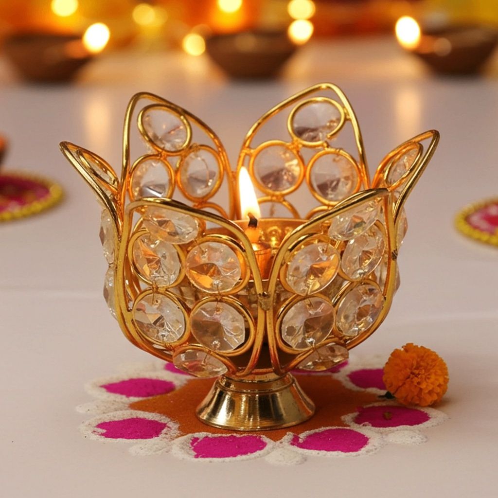 Brass Table Decor Oil Lamp Deepak With Crystal  - Puja Deepak for Religious Use, Height : 3.2 Inch (ZMAS191 A)