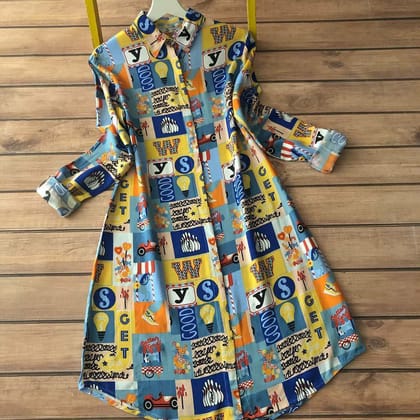 Aesthetic Blue and Yellow Color Design Printed Fancy Kurti by GlamaStitch-M