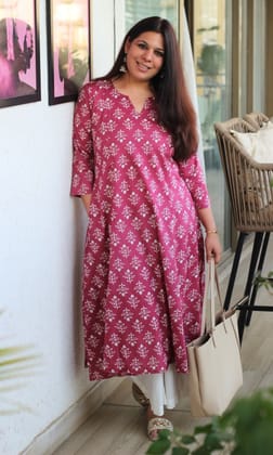 Cotton Berry Block Print Kali Kurta-XXS