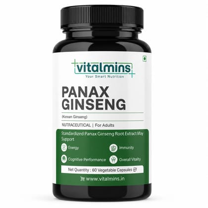 Vitalmins | Your Smart Nutrition | Panax Ginseng | Korean Ginseng | Energy | Cognitive Performance | Immunity | Overall Vitality | Nutraceutical for Adults | 60 Veg Capsules