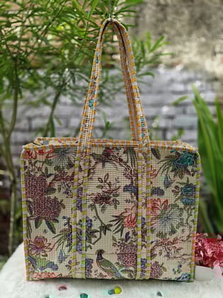 Handblock Printed Quilted Tote Bag with concealed zip ( 17x18x 6 inches)