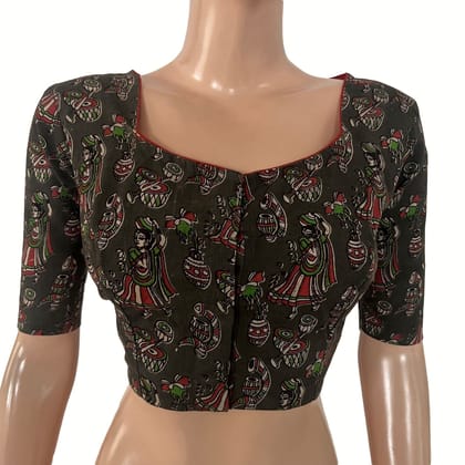 Kalamkari Cotton Pot Neck Blouse ,Olive Green, BK1316-S