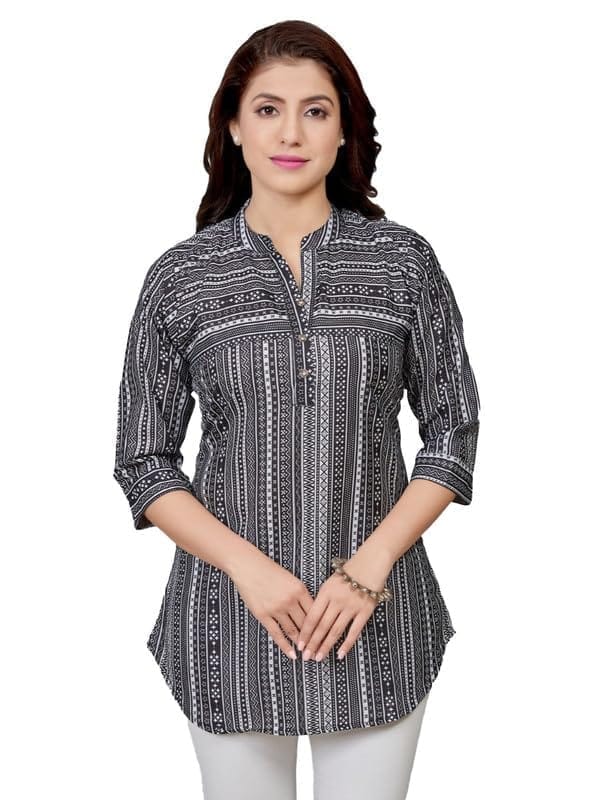 Women's Cotton Blend Mandarin Collar 3/4 Sleeves Short Top (Black, M)-PID56222