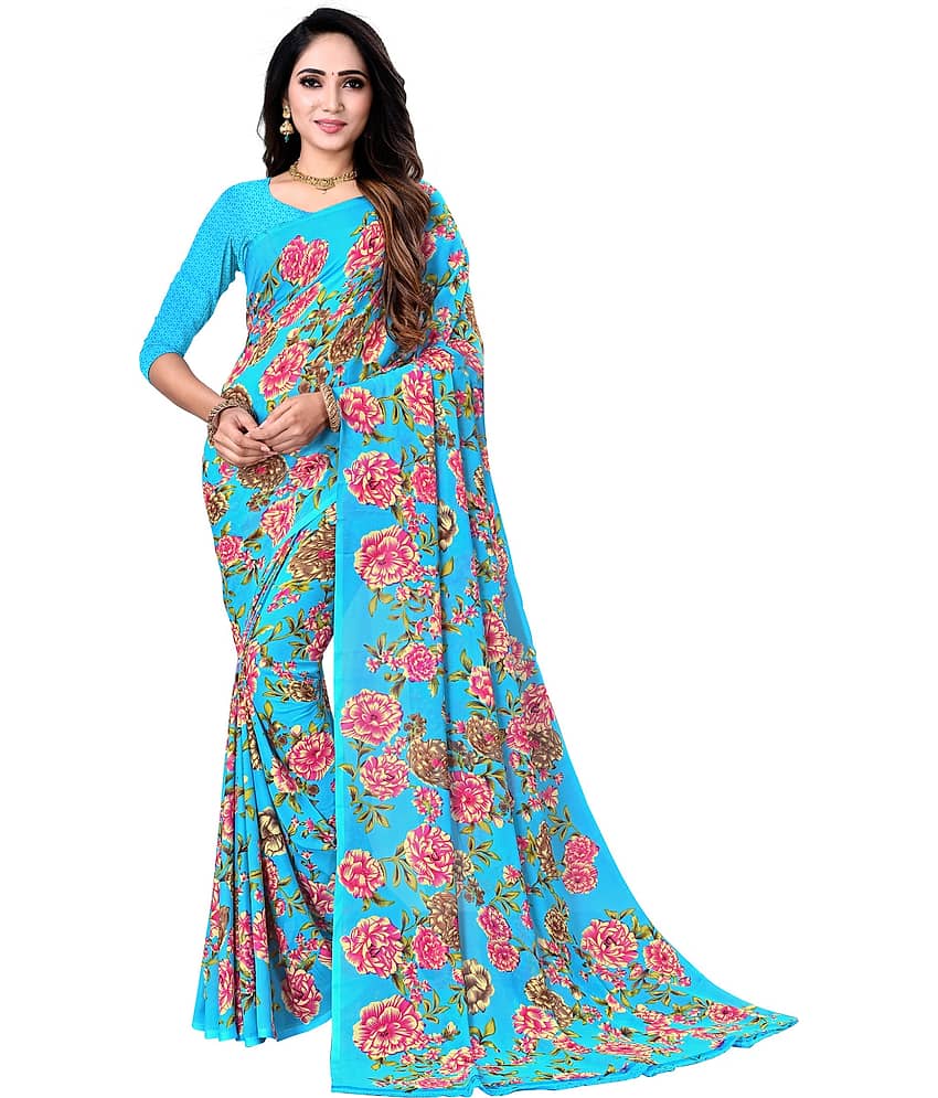Kanooda Prints Georgette Printed Saree With Unstitched Blouse Piece ( Green )