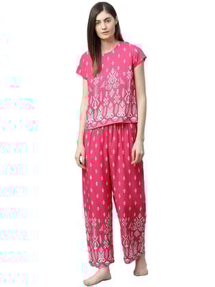 Women's Casual Short Sleeve Printed Rayon Pajama Set Size M (Pink)