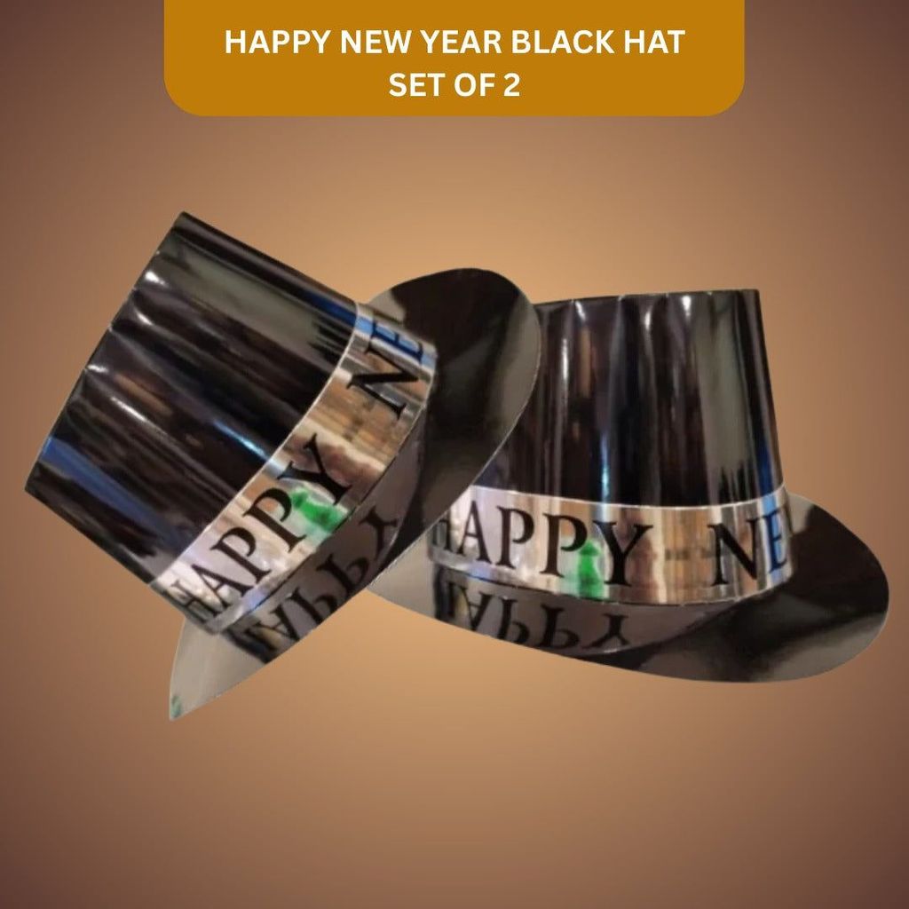 Happy New Year Black Hat w/Silver Text Print - Set of 2 - Party and Festive Needs | Buy online on ZillyBuy