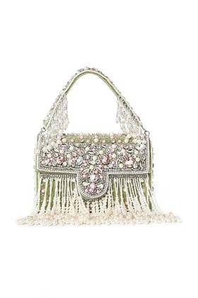 Mint Green Suede Pearl & Stone Work Box Clutch