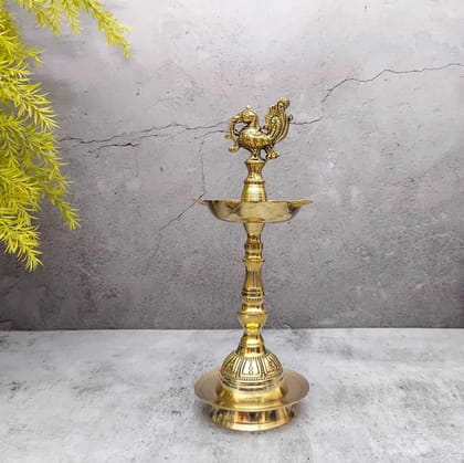 Brass Panchmukkhi Peacock Deepak, 5 Wicks Oil Lamp - 10.5 inch Height | Decorative Brass Panchmukkhi Peacock Deepak 5 Wicks Oil Lamp