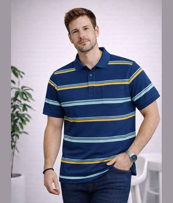 AUSTIN WOOD Men Cotton Blend Regular Fit Striped Polo T Shirt ( Blue )