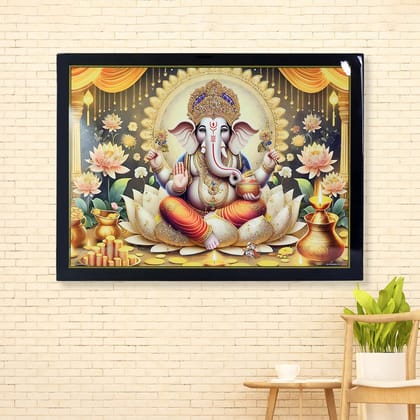 Divine Lord Ganesha Wall Painting with Wooden Frame Mix Design, 60x45 Cm Approx (1 Pc)